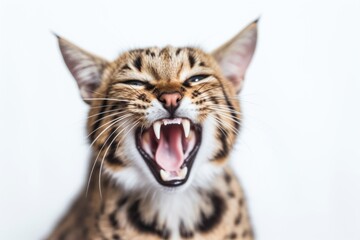 Headshot portrait photography of a tired savannah cat yawning against a white background. With generative AI technology