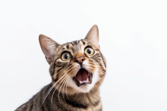 Lifestyle portrait photography of a curious tabby cat meowing against a white background. With generative AI technology
