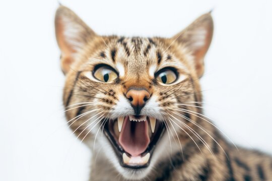 Headshot portrait photography of a tired savannah cat yawning against a white background. With generative AI technology