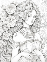 Coloring page. Portrait of a girl in retro style. Flowers and plants. Antistress