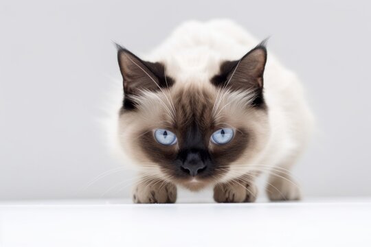Conceptual portrait photography of a scared balinese cat crouching against a white background. With generative AI technology