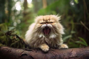Medium shot portrait photography of a tired persian cat growling against a forest background. With generative AI technology