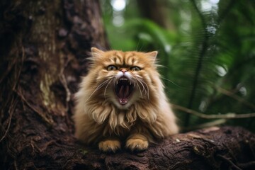 Plakat Medium shot portrait photography of a tired persian cat growling against a forest background. With generative AI technology