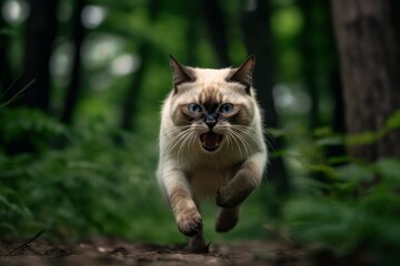 Naklejka na ściany i meble Environmental portrait photography of an angry siamese cat running against a forest background. With generative AI technology