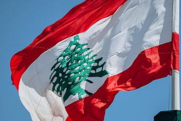 Fototapeta premium The Lebanese flag in the center of Beirut fluttering in the wind, close-up.