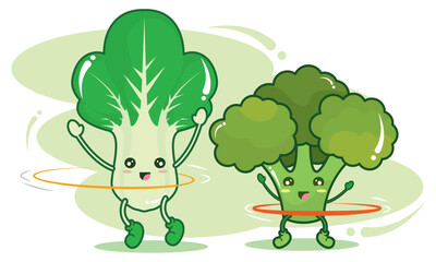 Cute spinach and broccoli vegetables playing together Vector
