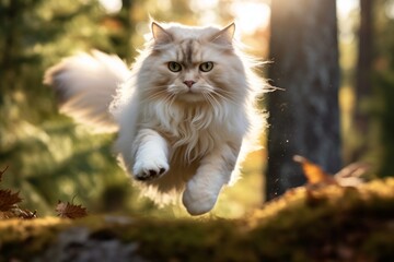 Naklejka na ściany i meble Lifestyle portrait photography of a tired ragdoll cat leaping against a forest background. With generative AI technology
