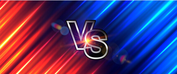 Fight night. Versus battle. Red and blue fast lines versus background with glowing VS sign. Sports, racing, gaming, comparison and competition. Vector template.