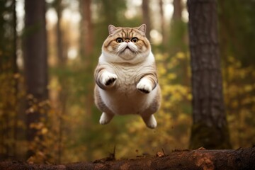 Medium shot portrait photography of a happy exotic shorthair cat jumping against a forest background. With generative AI technology