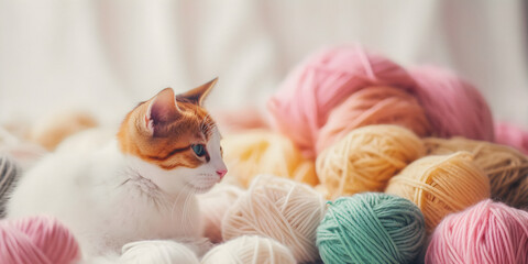 Fototapeta na wymiar Adorable kitten between colorful yarn, dream atmosphere, soft forus, copyspace - generative AI