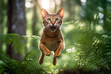 Environmental portrait photography of a smiling abyssinian cat leaping against a forest background. With generative AI technology