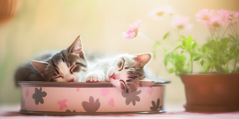 Sleeping kittens on a platter, cute adorable animals, soft focus, dreamy atmosphere - generative AI