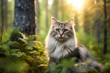 Naklejka na ściany i meble Headshot portrait photography of a happy siberian cat playing against a forest background. With generative AI technology
