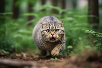 Close-up portrait photography of a tired scottish fold cat sprinting against a forest background. With generative AI technology