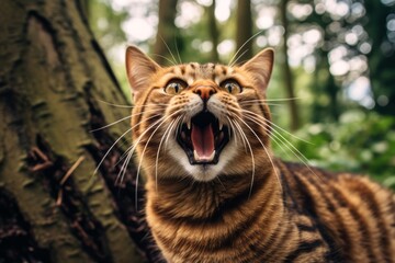 Naklejka na ściany i meble Lifestyle portrait photography of a curious tabby cat meowing against a forest background. With generative AI technology