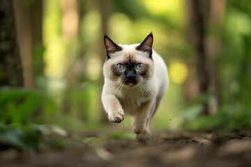 Environmental portrait photography of a curious balinese cat sprinting against a forest background. With generative AI technology