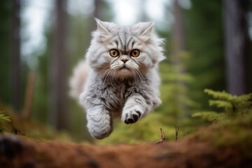 Naklejka na ściany i meble Medium shot portrait photography of a bored selkirk rex cat hopping against a forest background. With generative AI technology
