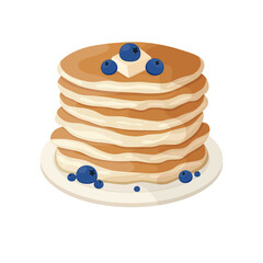 Pancakes with blueberries on the plate. Stacks of tasty pancakes with butter and berries. Breakfast vector illustration