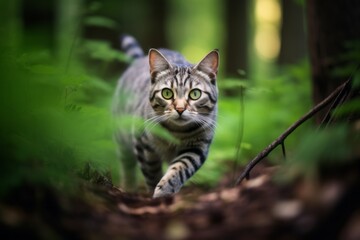 Naklejka na ściany i meble Medium shot portrait photography of a curious american shorthair cat pouncing against a forest background. With generative AI technology