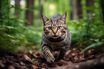Naklejka na ściany i meble Medium shot portrait photography of a curious american shorthair cat pouncing against a forest background. With generative AI technology