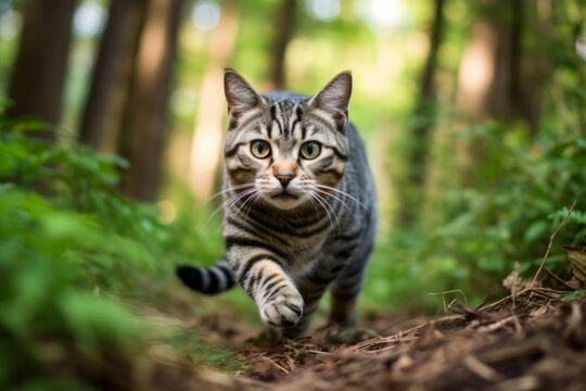 Headshot portrait photography of a curious american shorthair cat sprinting against a forest background. With generative AI technology