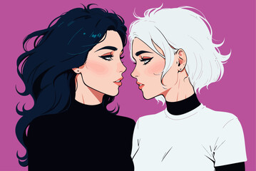 Lesbian woman couple in love. Cartoon style vector illustration.