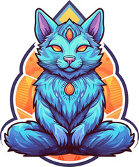 Meditating cat sticker. Isolated vector illustration of anthropomorphic yogi kitten in colorful psychedelic cartoon style