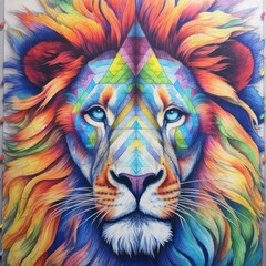 Fototapeta na wymiar Picture of a lions head with colorful pattern created with Generative AI