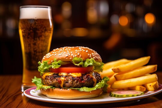 Handmade Hamburger and beer at the bar, close up angle