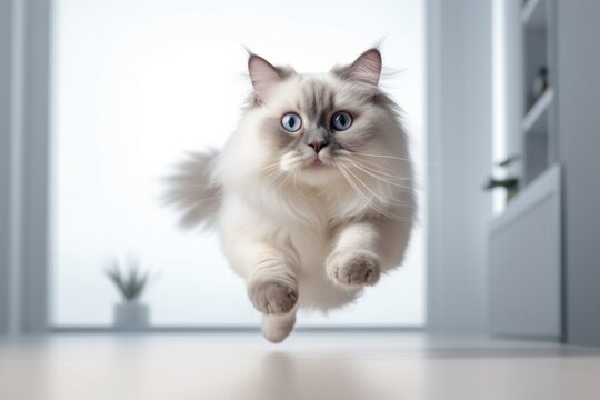 Close-up portrait photography of a curious ragdoll cat jumping against a minimalist or empty room background. With generative AI technology
