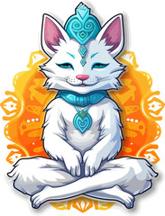 Meditating cat sticker. Isolated vector illustration of anthropomorphic yogi kitten in colorful psychedelic cartoon style