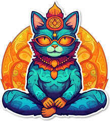 Meditating cat sticker. Isolated vector illustration of anthropomorphic yogi kitten in colorful psychedelic cartoon style