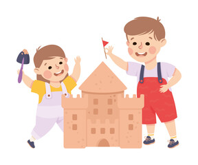 Happy girl and boy building sandcastle. Joyful elder brother and little sister playing together cartoon vector illustration