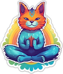 Meditating cat sticker. Isolated vector illustration of anthropomorphic yogi kitten in colorful psychedelic cartoon style