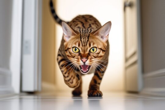 Lifestyle portrait photography of an angry bengal cat pouncing against a minimalist or empty room background. With generative AI technology