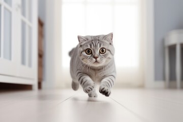Lifestyle portrait photography of a curious scottish fold cat hopping against a minimalist or empty room background. With generative AI technology
