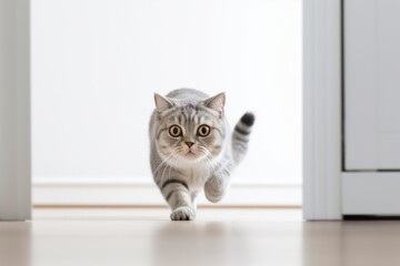 Lifestyle portrait photography of a curious scottish fold cat hopping against a minimalist or empty room background. With generative AI technology