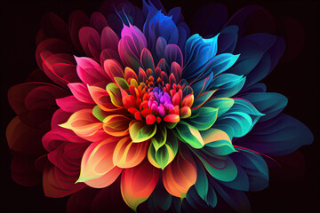 fantastic colorful glowing flower on black background. Generative AI