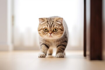 Lifestyle portrait photography of an angry scottish fold cat exploring against a minimalist or empty room background. With generative AI technology