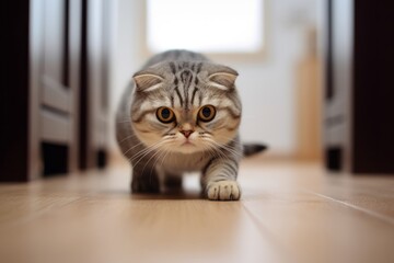 Lifestyle portrait photography of an angry scottish fold cat exploring against a minimalist or empty room background. With generative AI technology