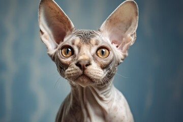 Fototapeta premium Headshot portrait photography of a scared devon rex cat scratching against a minimalist or empty room background. With generative AI technology
