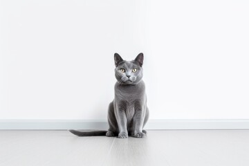 Environmental portrait photography of a smiling russian blue cat crouching against a minimalist or empty room background. With generative AI technology