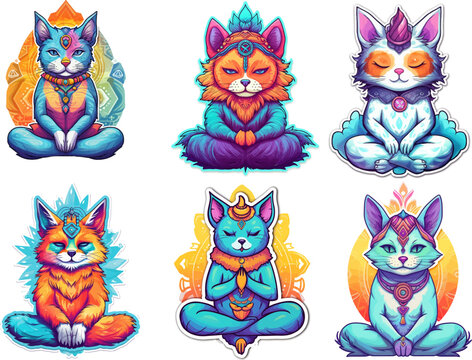 Collage of meditating cat stickers. Set of isolated vector illustrations of anthropomorphic yogi kittens colorful psychedelic cartoon style