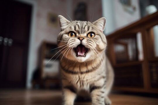 Medium shot portrait photography of an angry scottish fold cat murmur meowing against a minimalist or empty room background. With generative AI technology