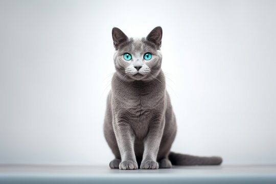 Environmental portrait photography of a smiling russian blue cat crouching against a minimalist or empty room background. With generative AI technology