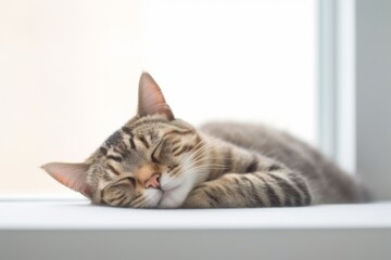 Medium shot portrait photography of a happy american shorthair cat sleeping against a minimalist or empty room background. With generative AI technology