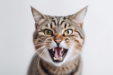 Obraz premium Headshot portrait photography of an angry american shorthair cat begging for food against a minimalist or empty room background. With generative AI technology