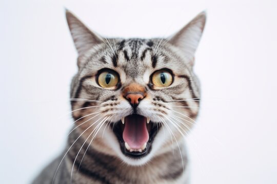 Headshot portrait photography of an angry american shorthair cat begging for food against a minimalist or empty room background. With generative AI technology