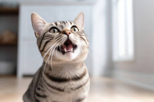 Lifestyle portrait photography of a happy american shorthair cat begging for food against a minimalist or empty room background. With generative AI technology