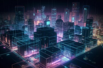 Naklejka premium Illustrate a holographic cityscape with buildings, vehicles, and people all rendered as holograms, creating a futuristic and immersive environment. Generative AI